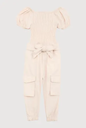 Baby Girls 12-24M Puff Sleeve Smocked Cargo Jumpsuit