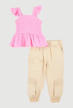 Baby Girls 12-24M Smocked Sleeveless Top and Cargo Joggers Set