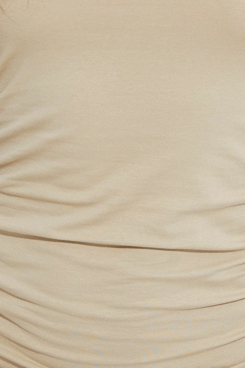 Beige Bodycon Dress Sleeveless Racer Back Ruched Sides