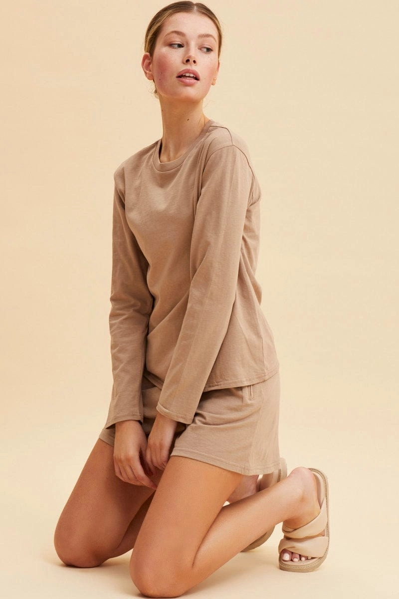 Beige Long Sleeve T-Shirt Crew Neck Cotton Regular Fit