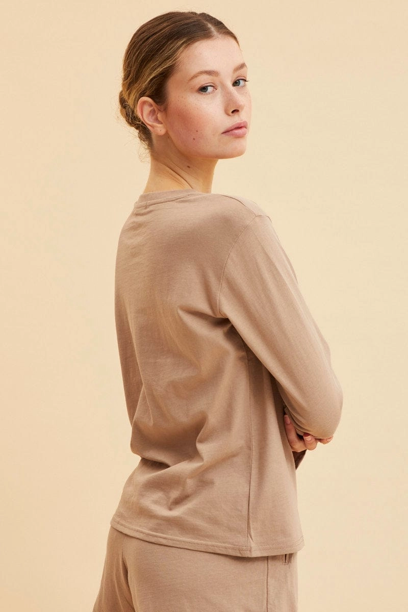 Beige Long Sleeve T-Shirt Crew Neck Cotton Regular Fit