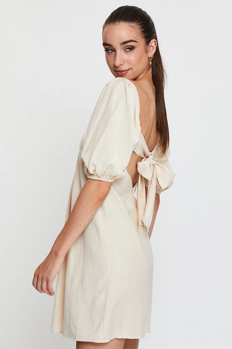 Beige Mini Dress Short Sleeve Square Neck