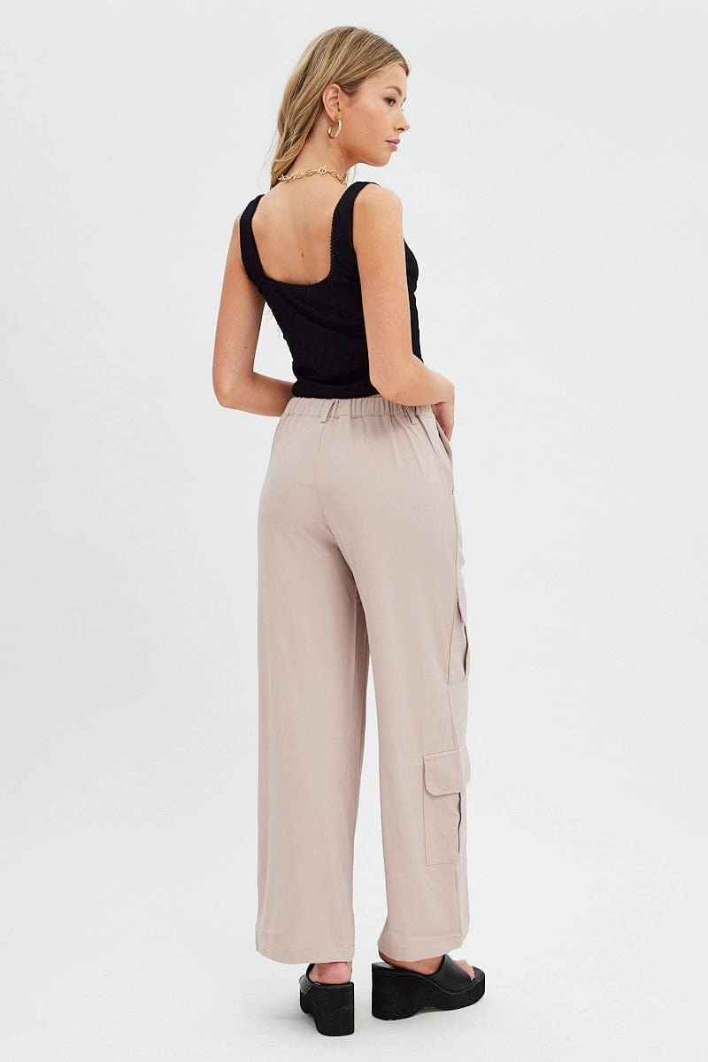 Beige Wide Leg Pants Cargo Pockets