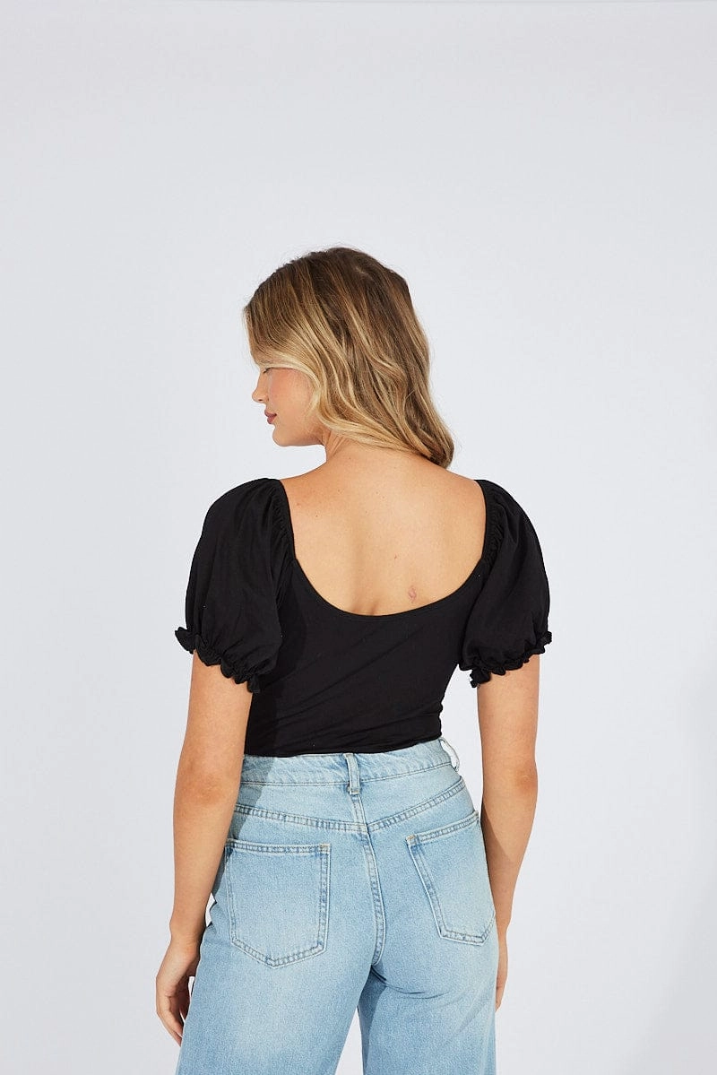 Black Bodysuit Short Sleeve Sweetheart Neckline Jersey