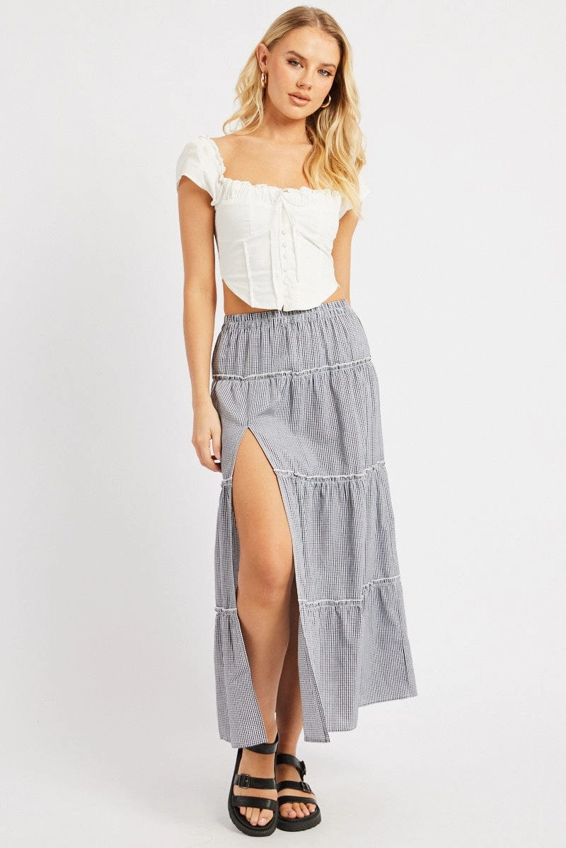 Black Check Tiered Maxi Slit Skirt