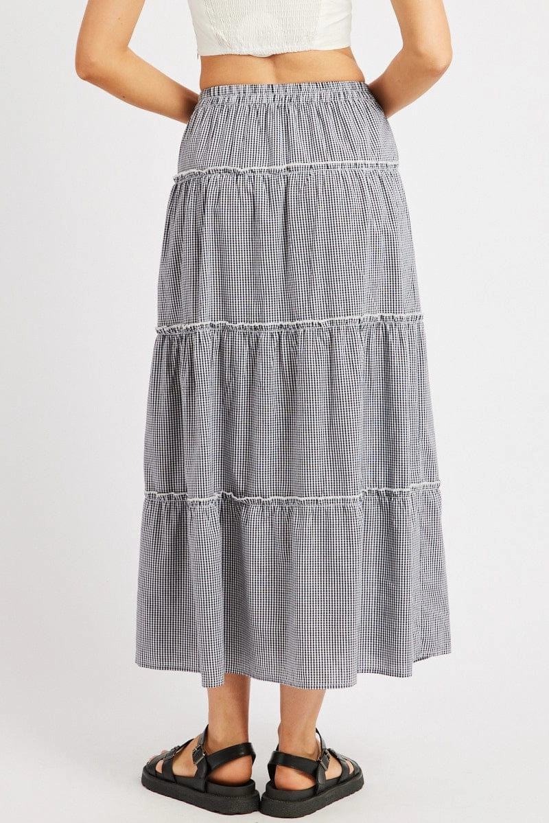 Black Check Tiered Maxi Slit Skirt