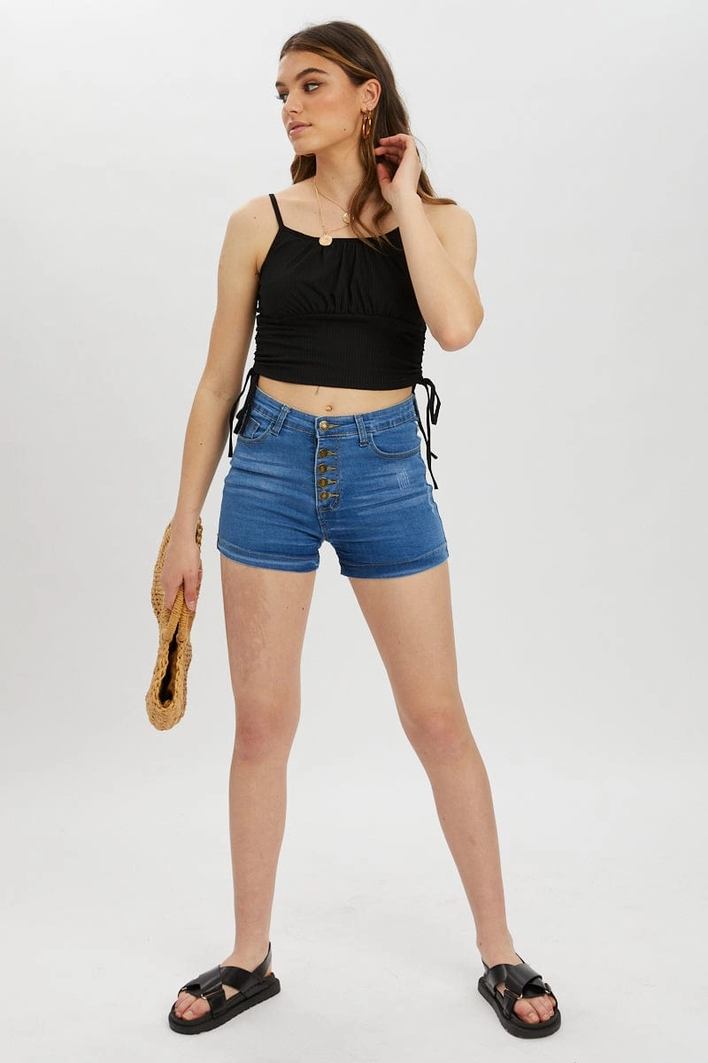 Black Drawstring Ruched Top