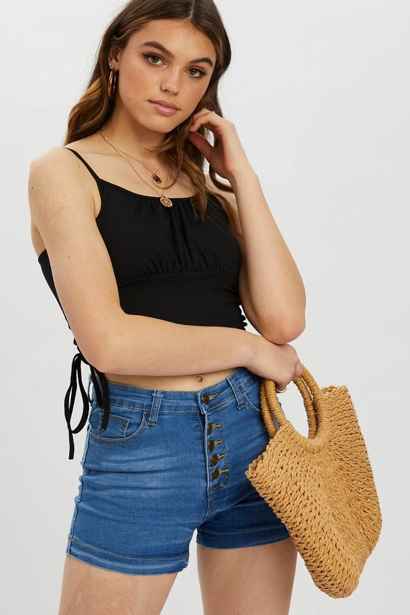 Black Drawstring Ruched Top
