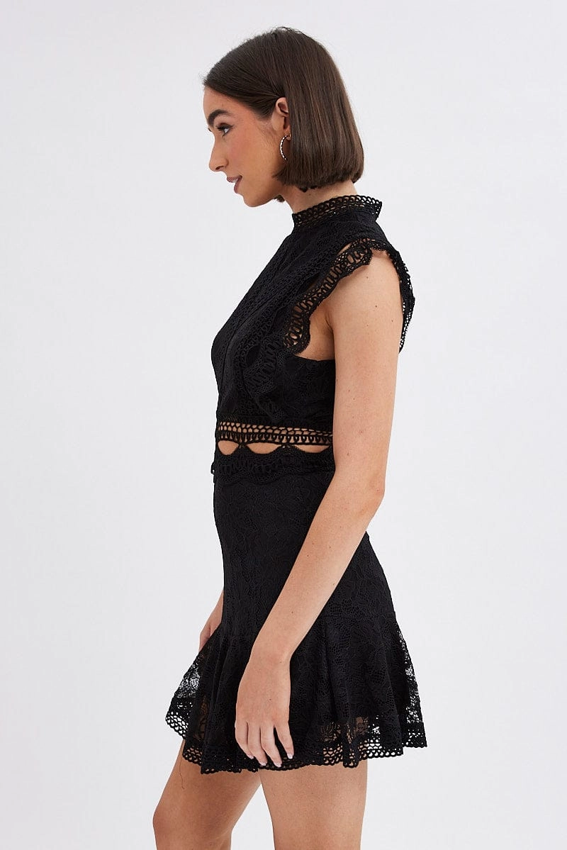 Black Dress Sleeveless Mini High Neck Lace