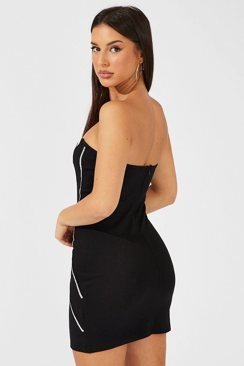 Black Mini Dress Strapless Bandeau Bodycon Diamonte