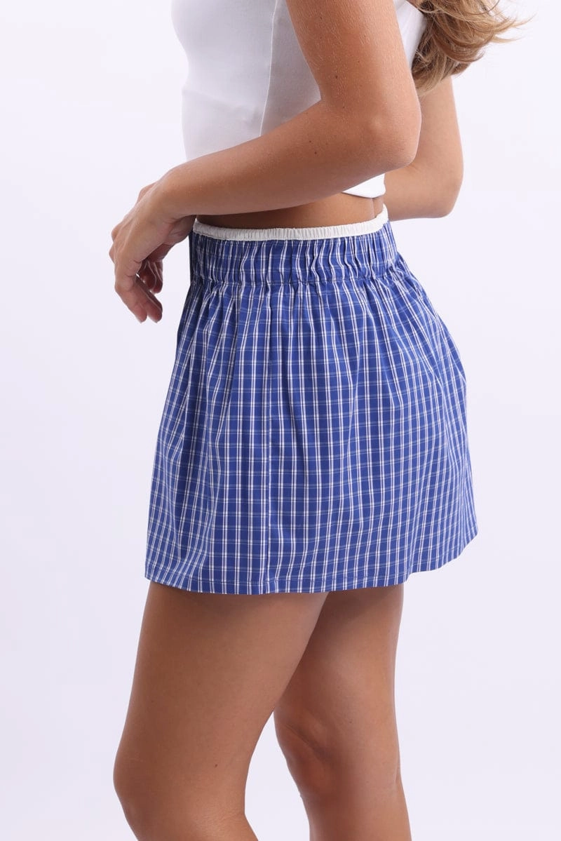 Blue Check Boxer Mini Skirt Mid Rise Relaxed Fit