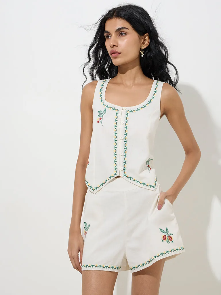 Bombay Paisley Ivory Embroidered Design Cotton Top 