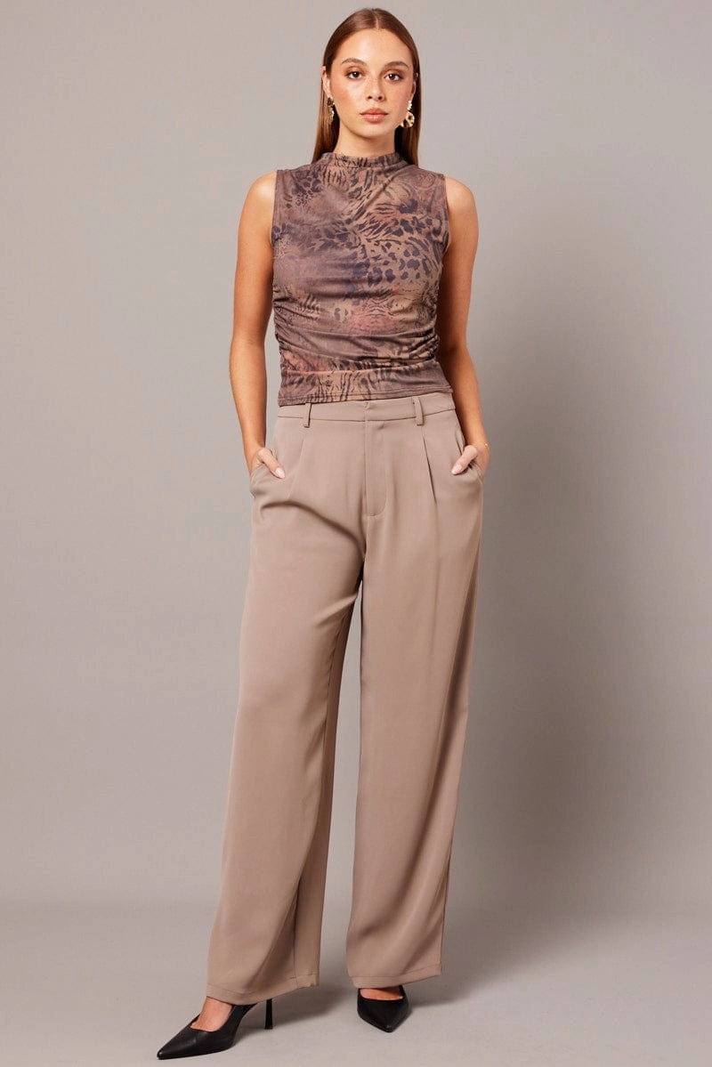 Brown Abstract Sleeveless Top Side Ruched