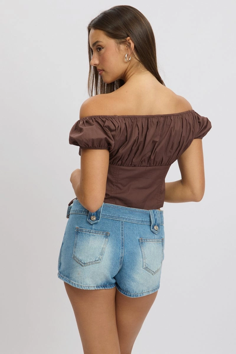 Brown Crop Top Short Sleeve Ruched Button Front