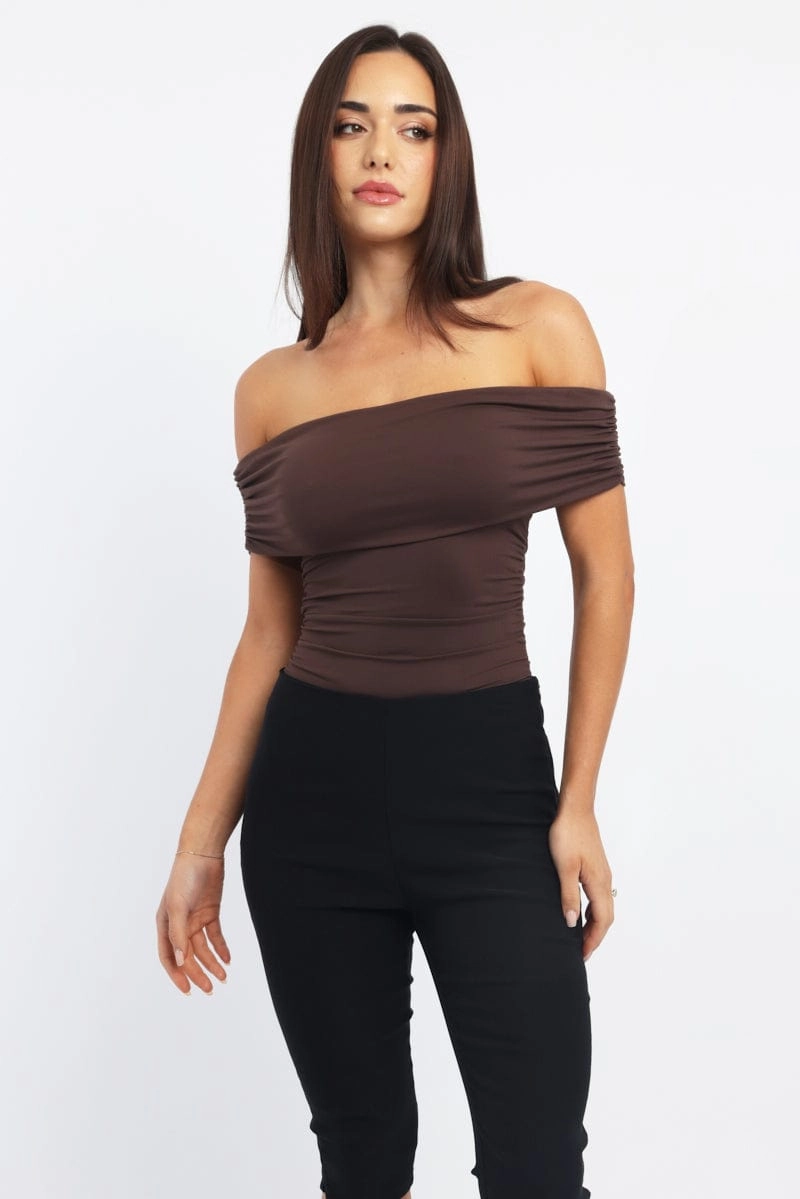Brown Off Shoulder Bodysuit Supersoft