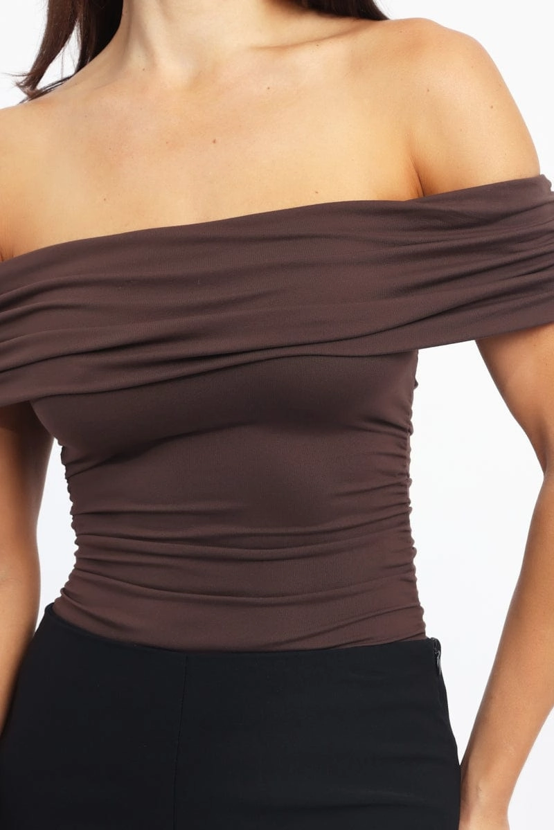 Brown Off Shoulder Bodysuit Supersoft