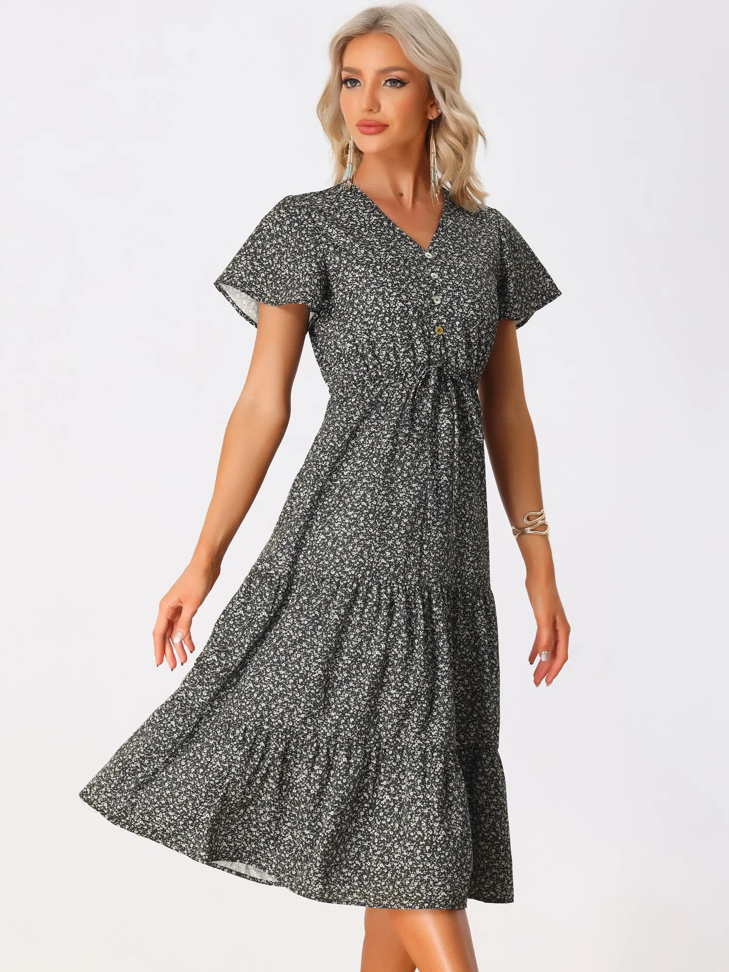 Casual Short Sleeve V Neck Tiered Floral Midi Dress