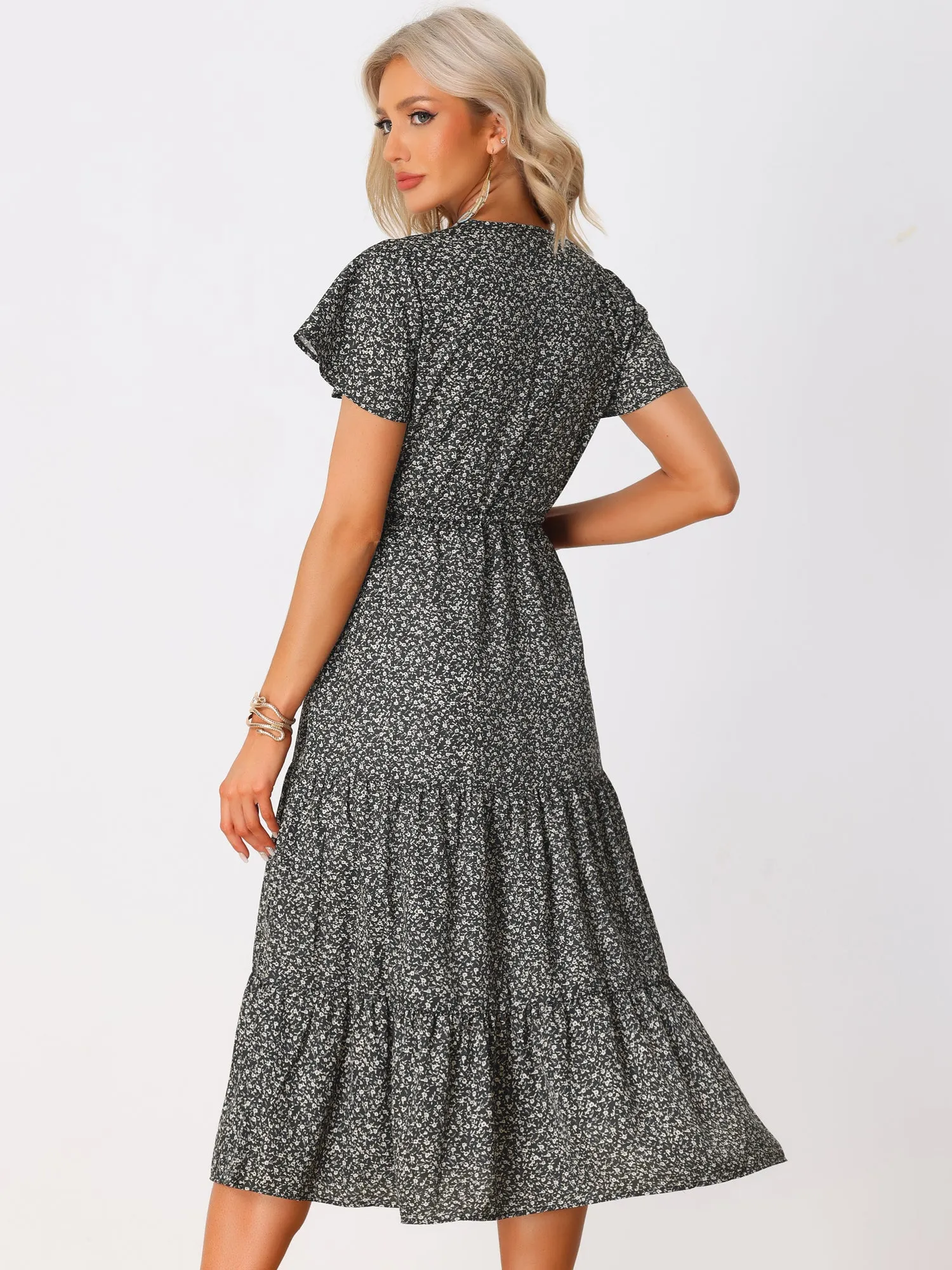 Casual Short Sleeve V Neck Tiered Floral Midi Dress