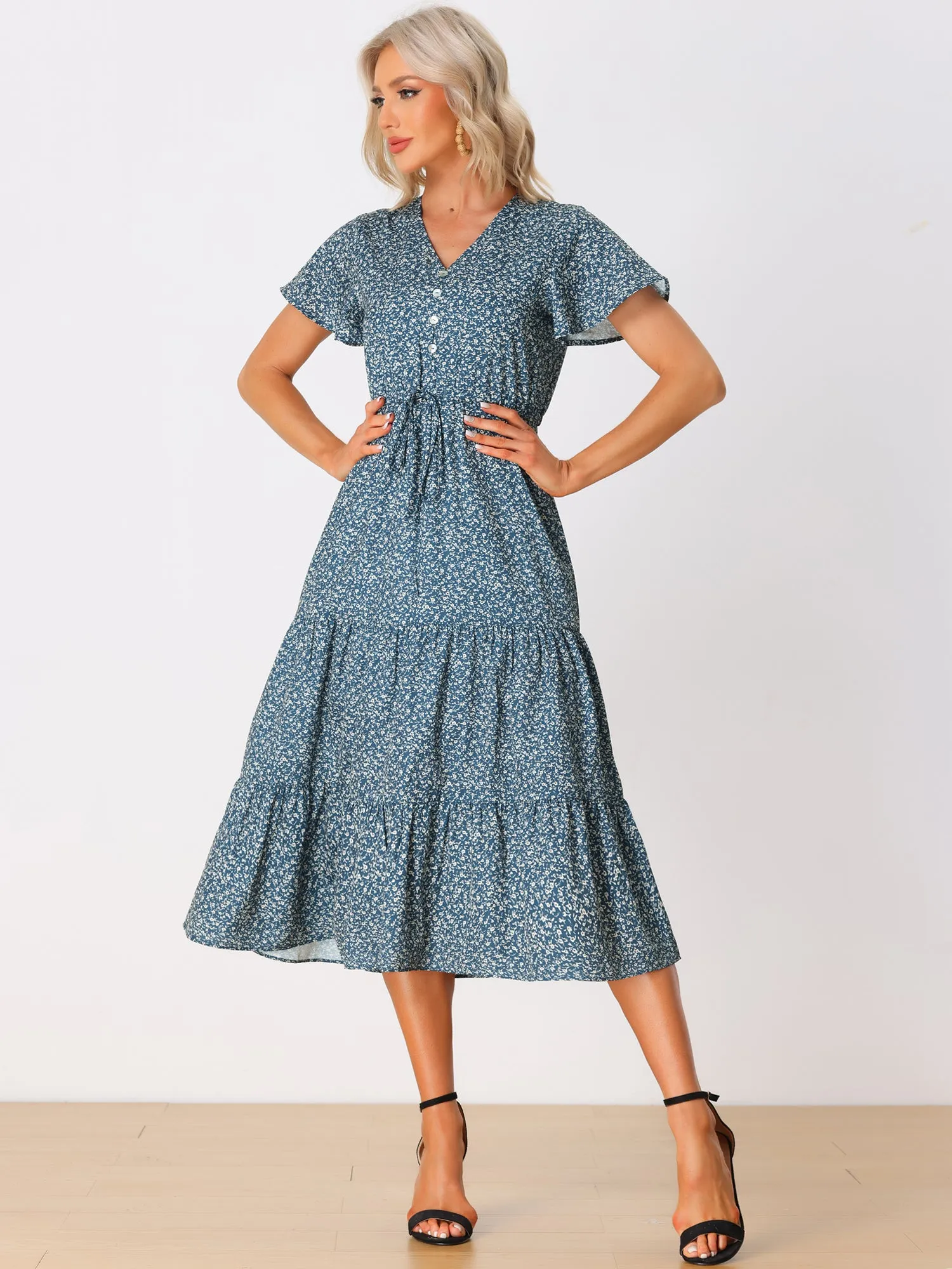 Casual Short Sleeve V Neck Tiered Floral Midi Dress