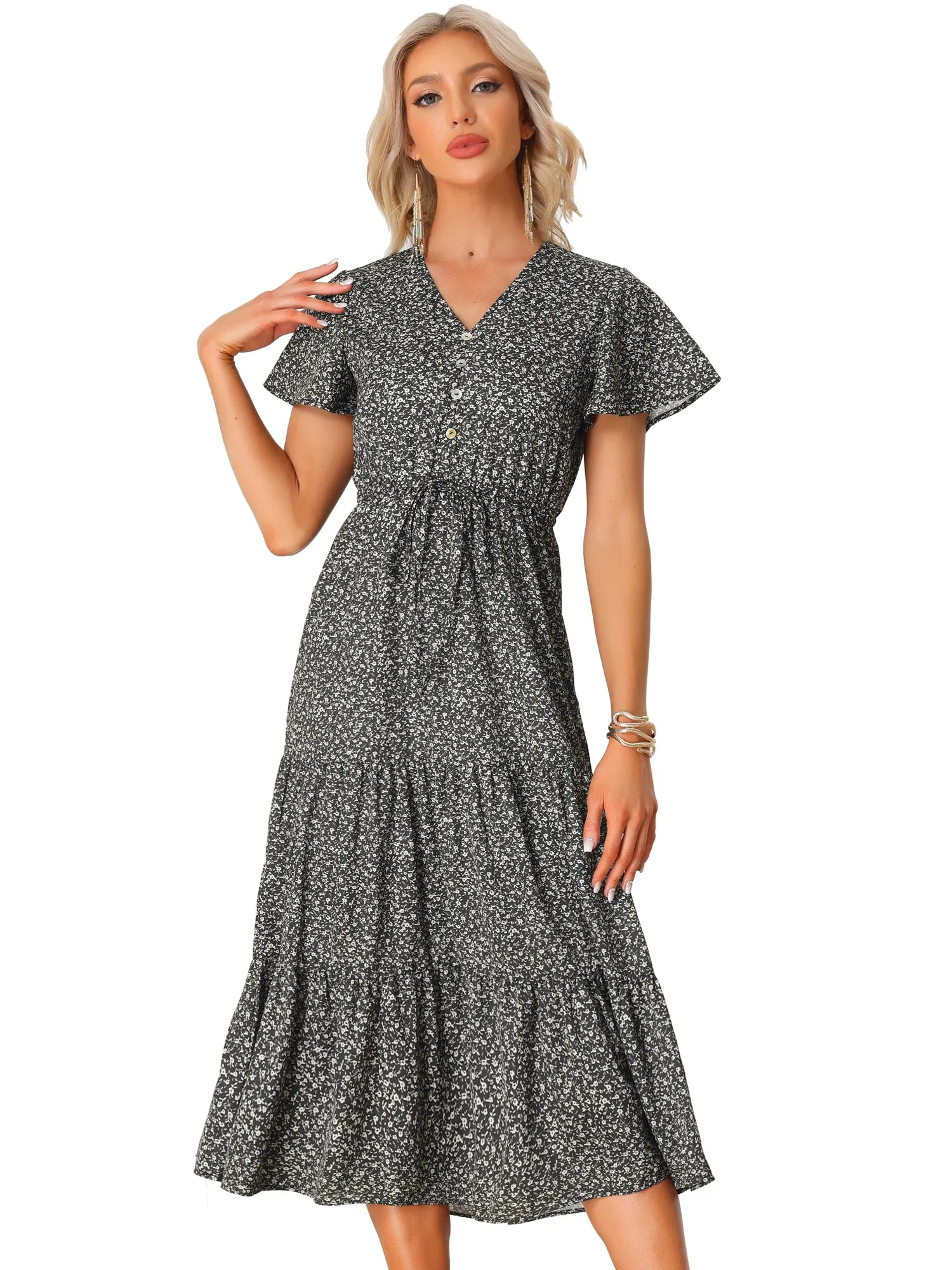 Casual Short Sleeve V Neck Tiered Floral Midi Dress