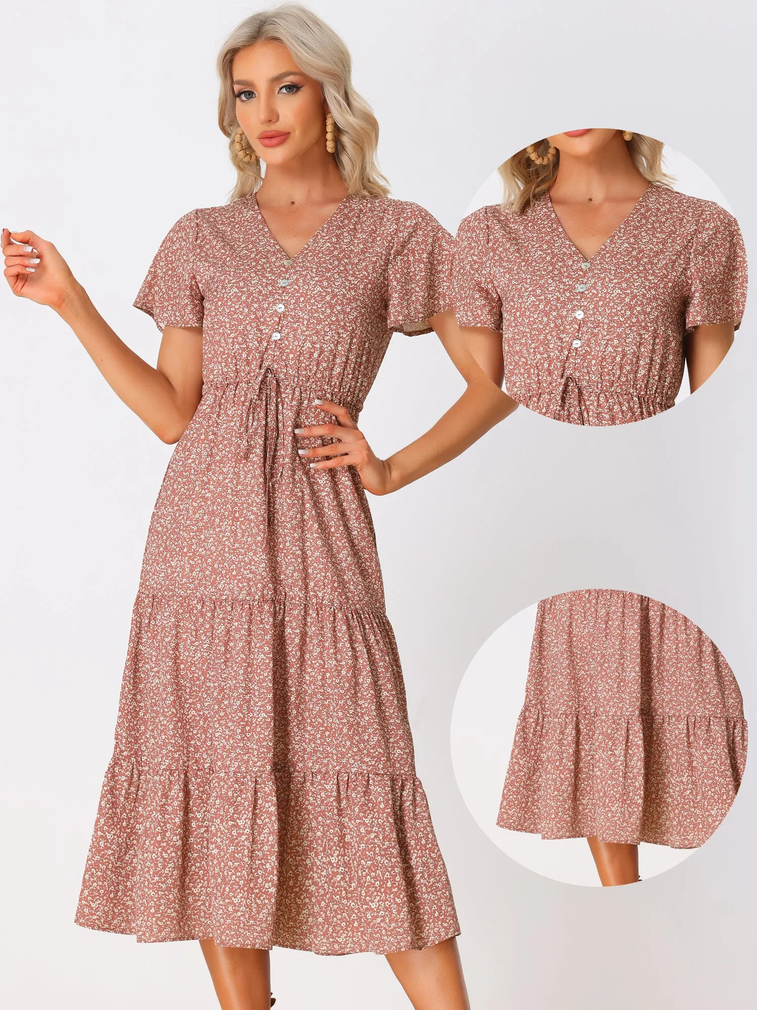 Casual Short Sleeve V Neck Tiered Floral Midi Dress