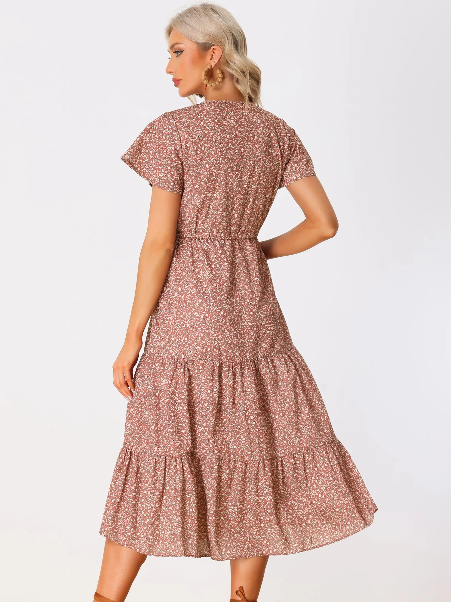 Casual Short Sleeve V Neck Tiered Floral Midi Dress