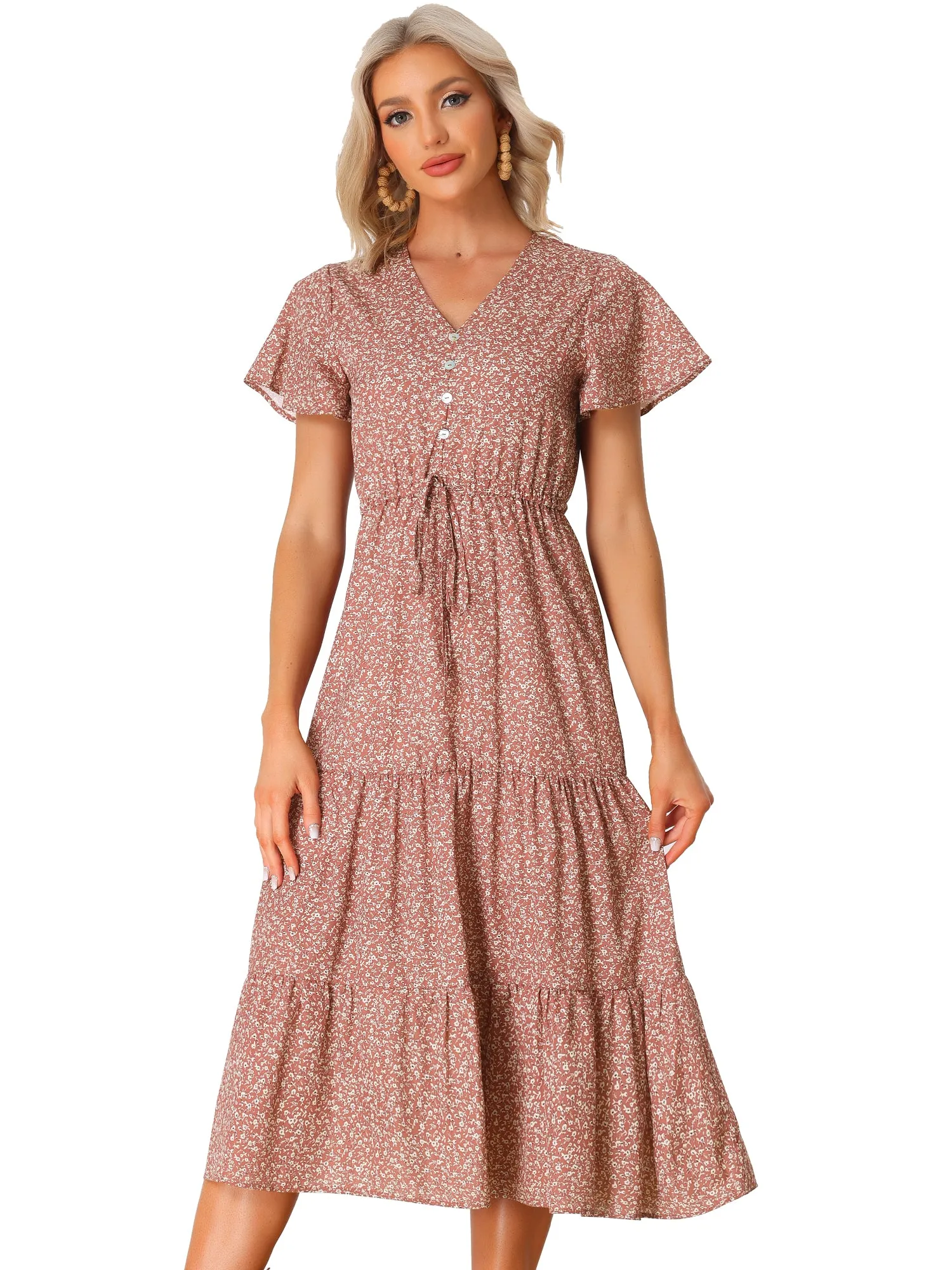 Casual Short Sleeve V Neck Tiered Floral Midi Dress