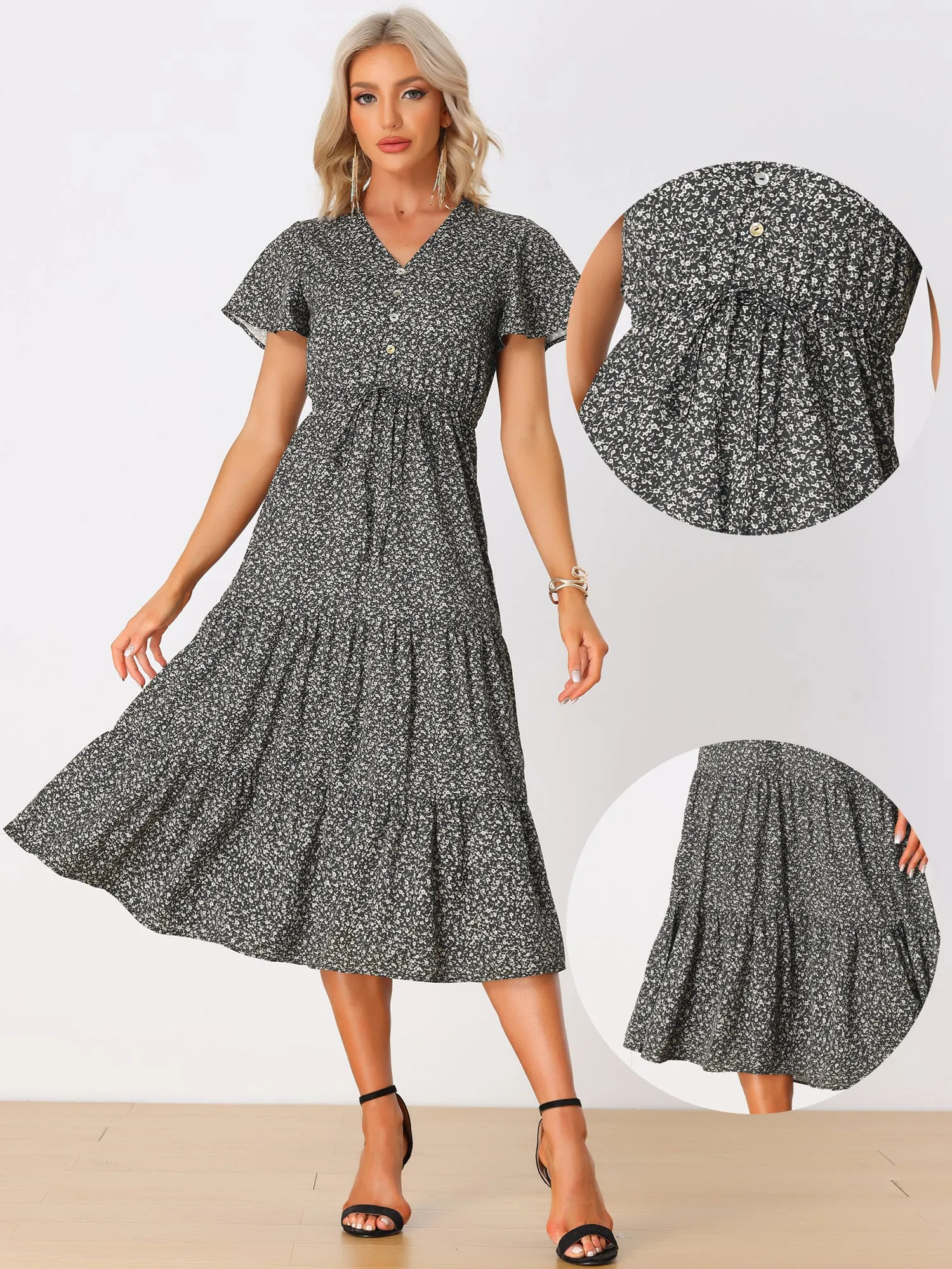 Casual Short Sleeve V Neck Tiered Floral Midi Dress