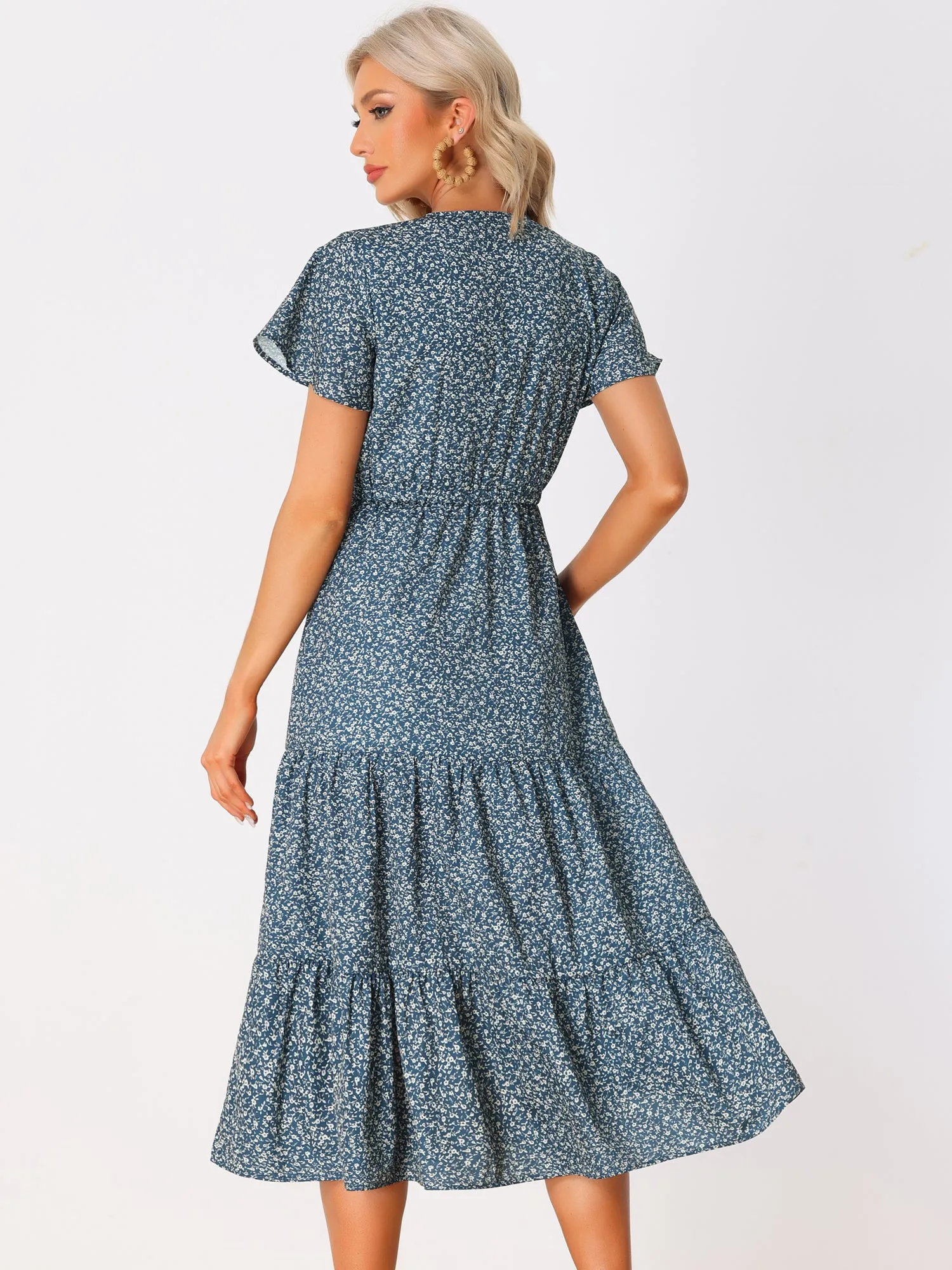 Casual Short Sleeve V Neck Tiered Floral Midi Dress