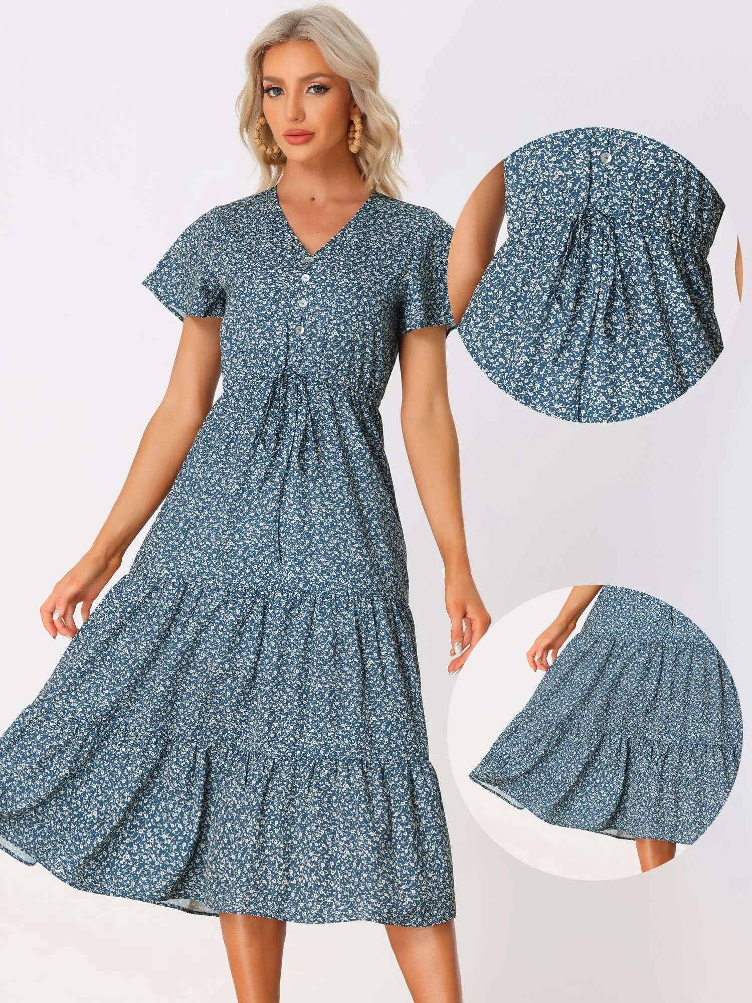 Casual Short Sleeve V Neck Tiered Floral Midi Dress