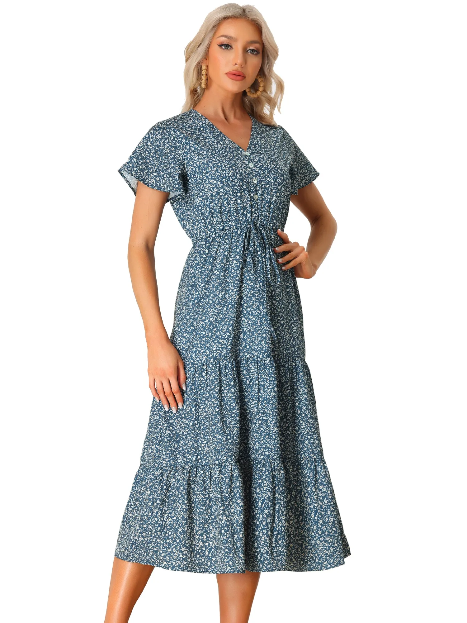 Casual Short Sleeve V Neck Tiered Floral Midi Dress