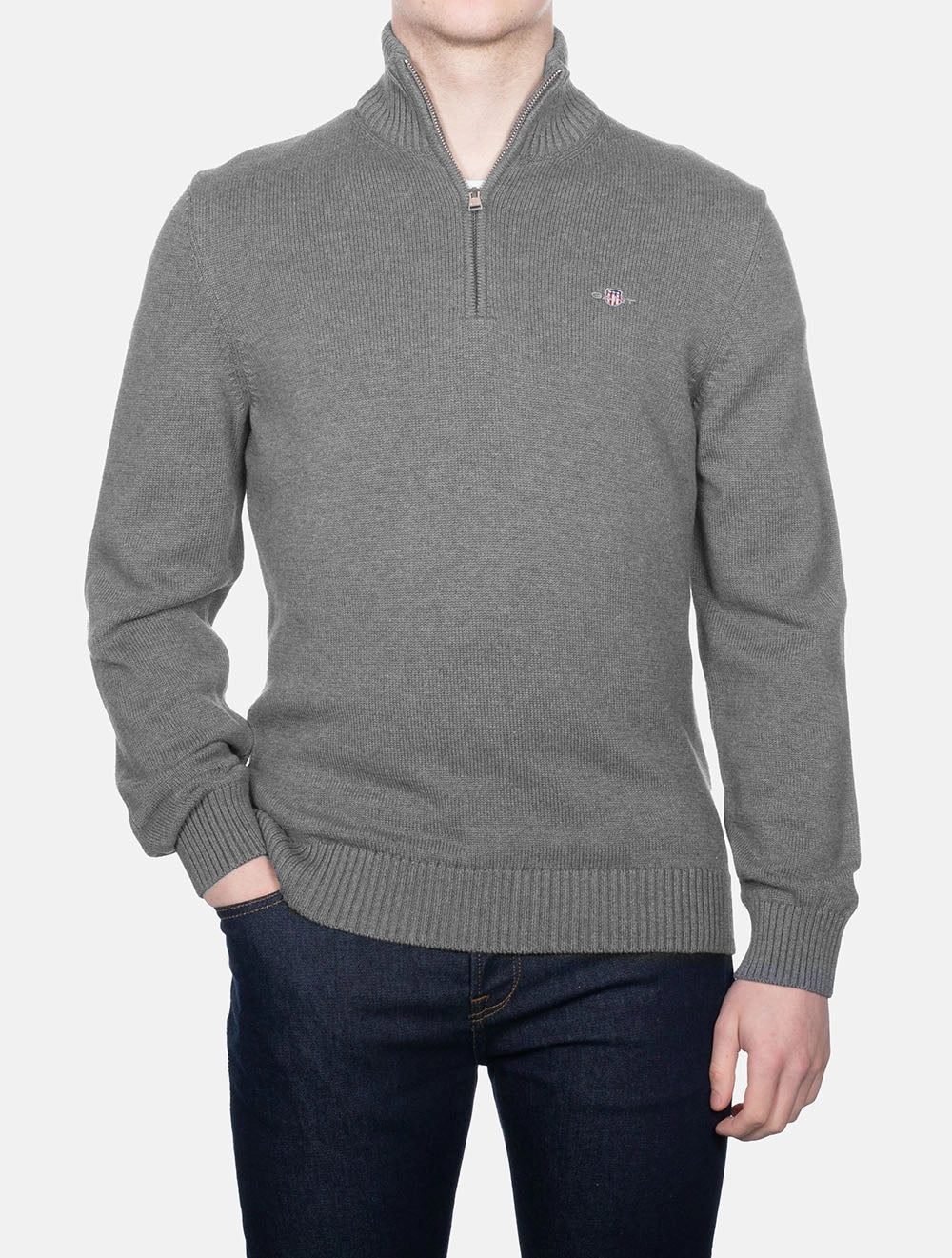 Casual Cotton Half-Zip Sweater Dark Grey Melange
