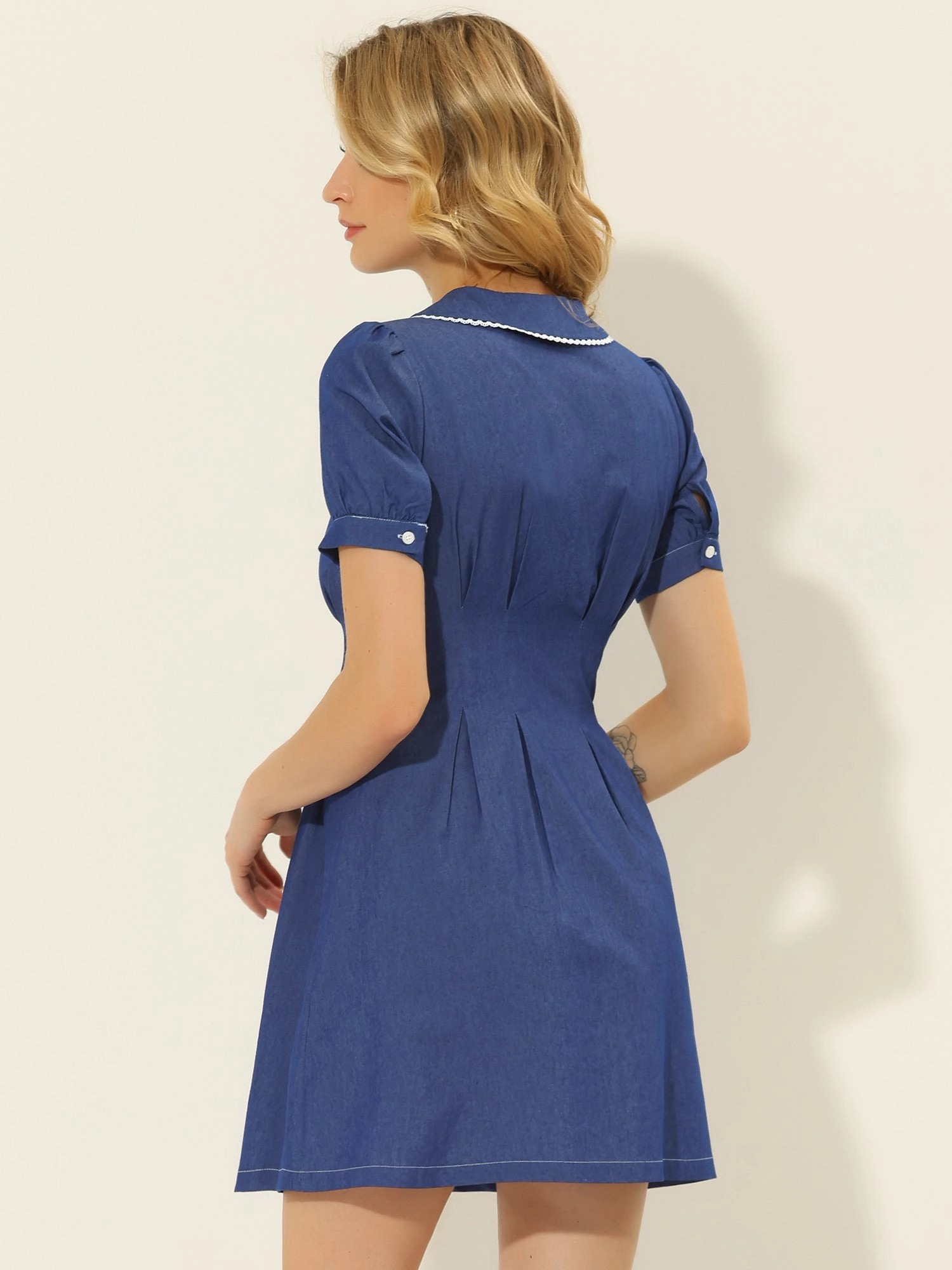 Chambray Puff Short Sleeve Flared Button Front Shirt Dress