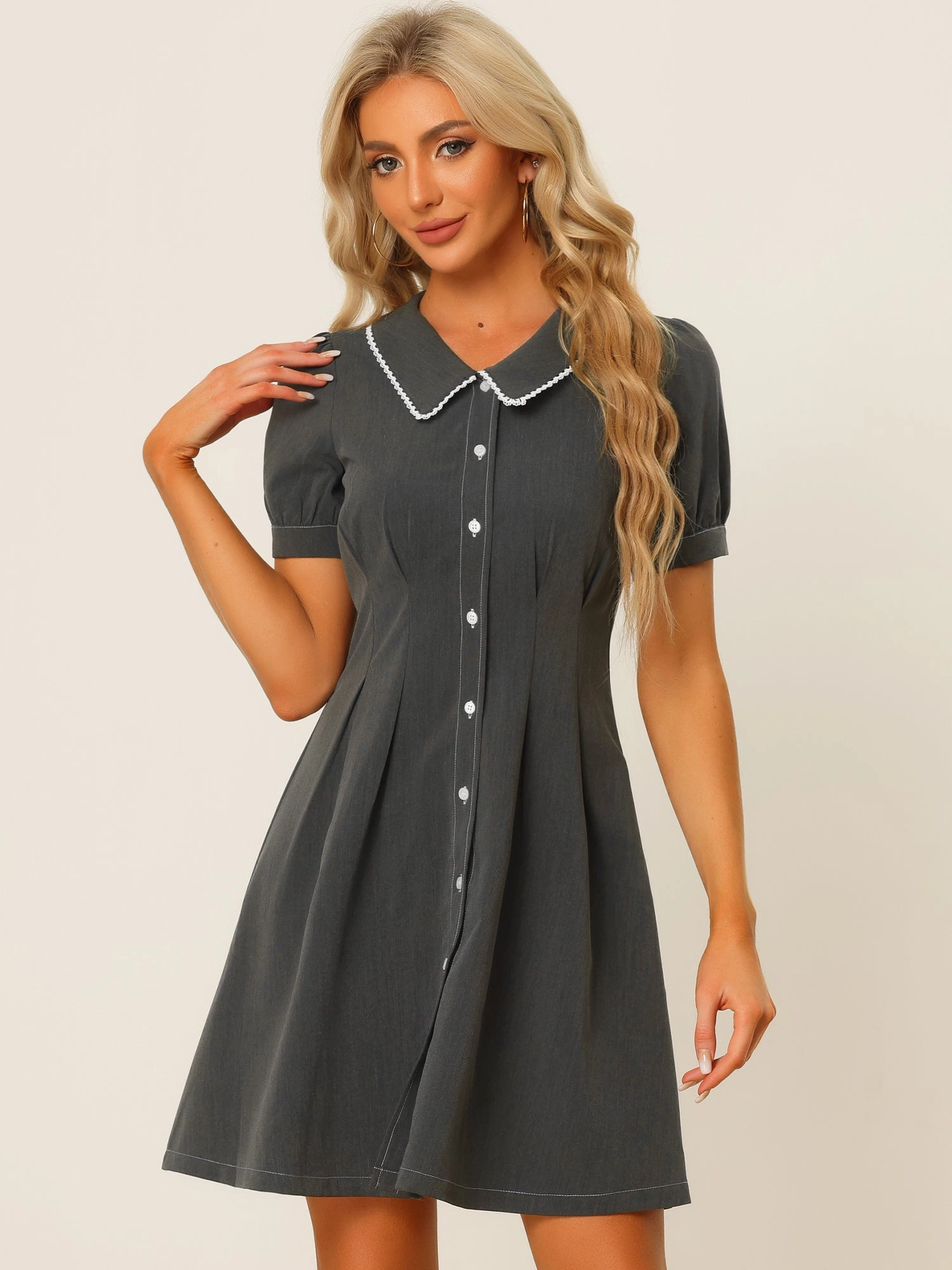Chambray Puff Short Sleeve Flared Button Front Shirt Dress