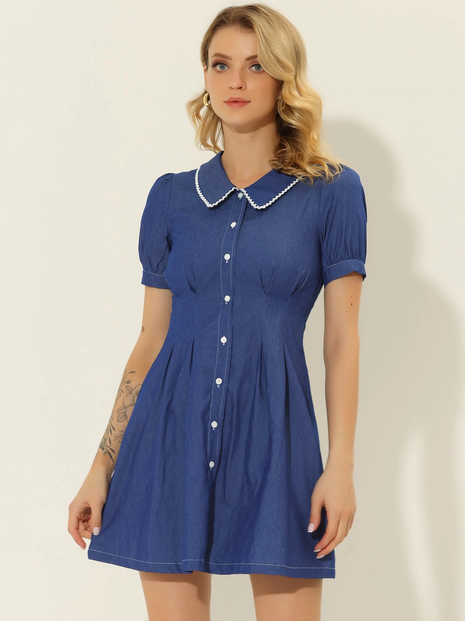 Chambray Puff Short Sleeve Flared Button Front Shirt Dress