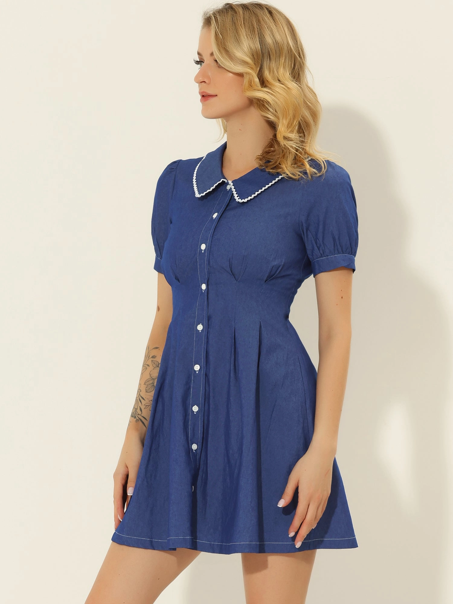 Chambray Puff Short Sleeve Flared Button Front Shirt Dress