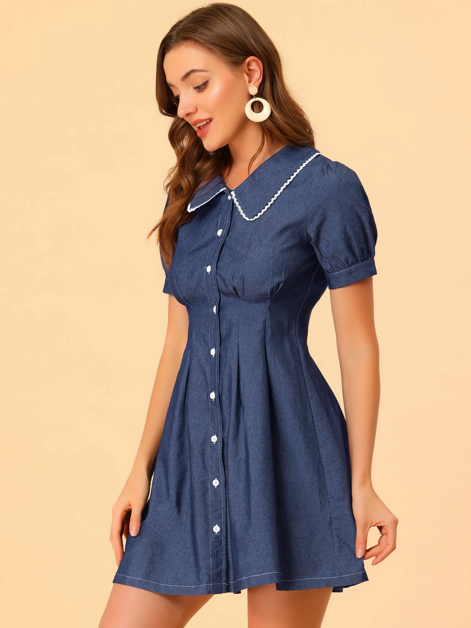 Chambray Puff Short Sleeve Flared Button Front Shirt Dress