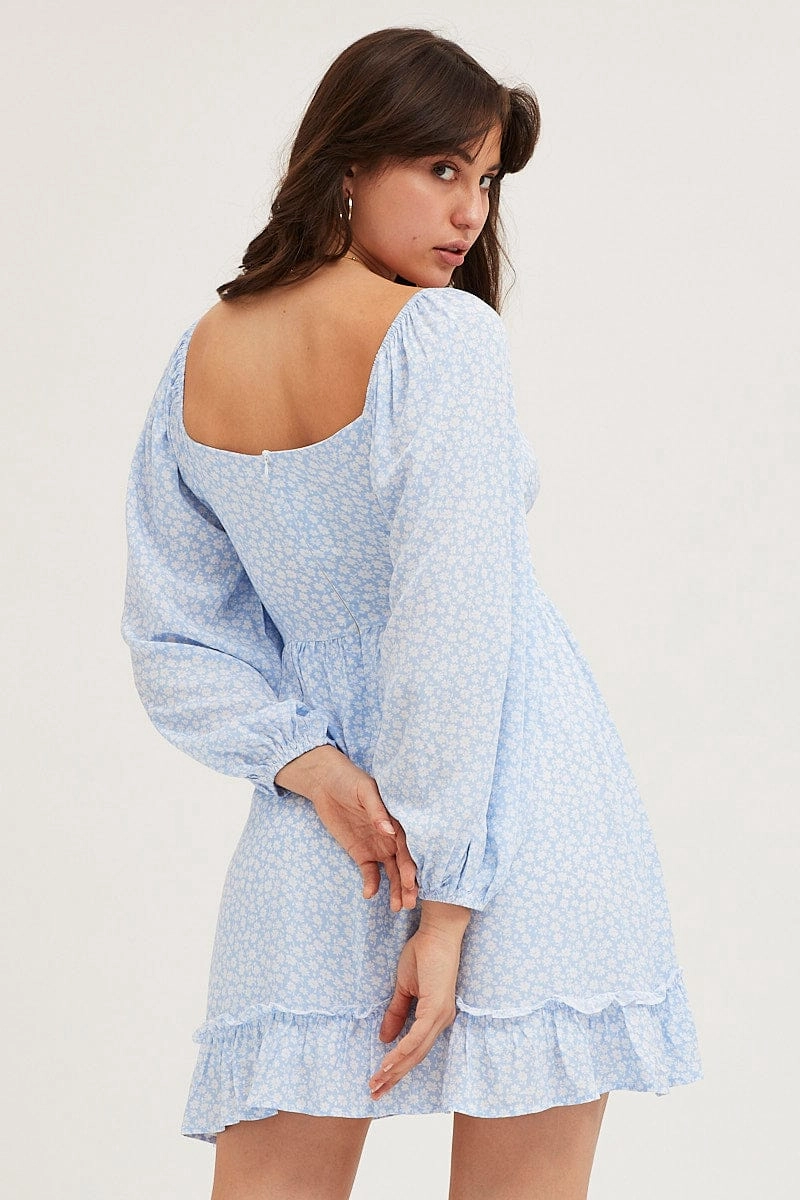Daisy Print Long Sleeve A-Line Mini Dress