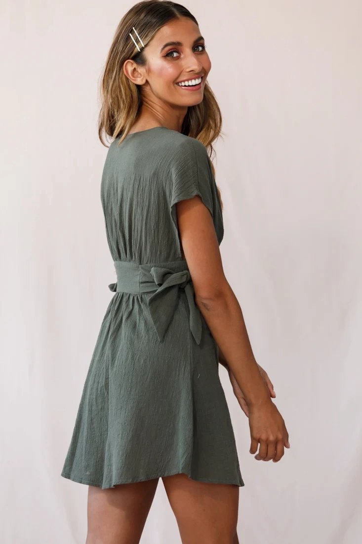 Dara Button Accent Dress Green Khaki