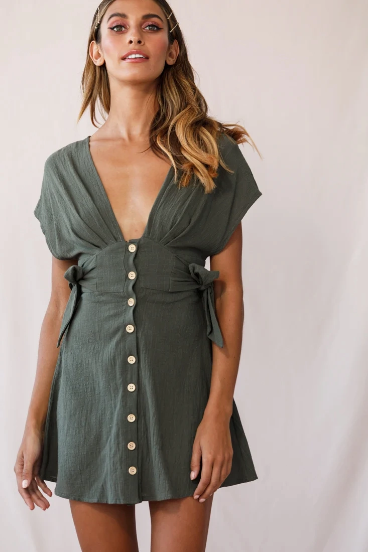 Dara Button Accent Dress Green Khaki