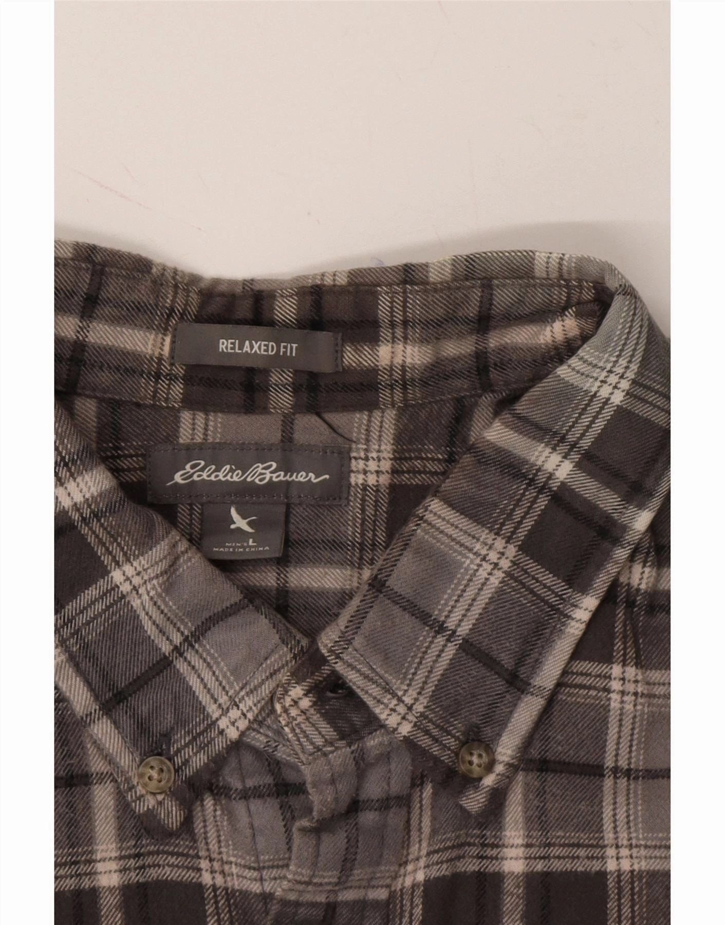 EDDIE BAUER Mens Relaxed Fit Flannel Shirt Large Grey Check Cotton