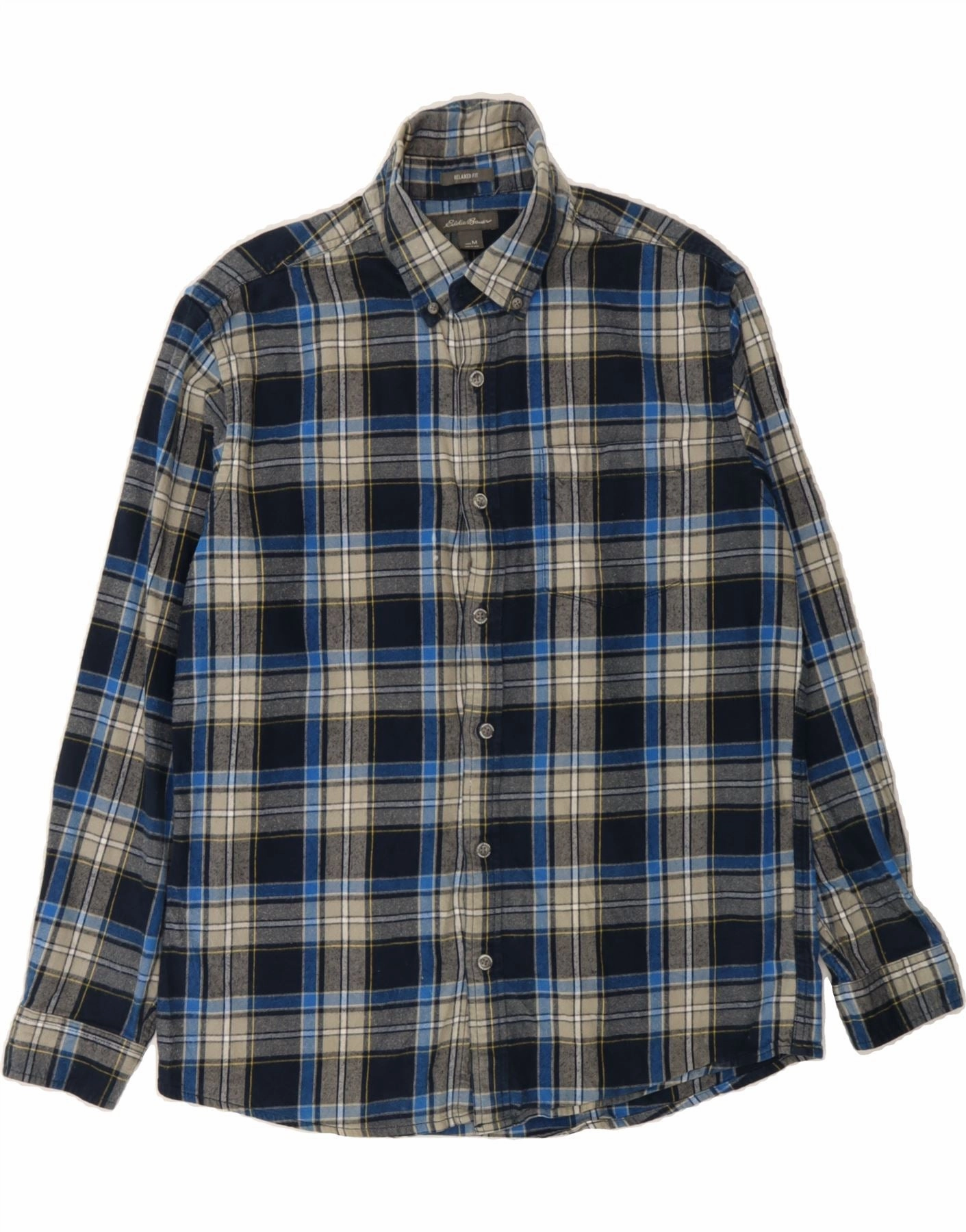 EDDIE BAUER Mens Relaxed Fit Flannel Shirt Medium Navy Blue Check Cotton
