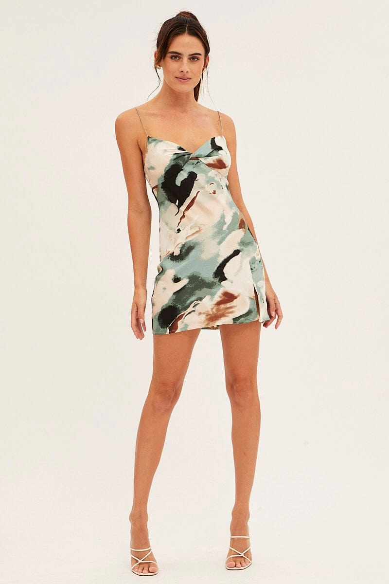 Green Floral Mini Dress Bodycon Twist Front Floral Print Satin