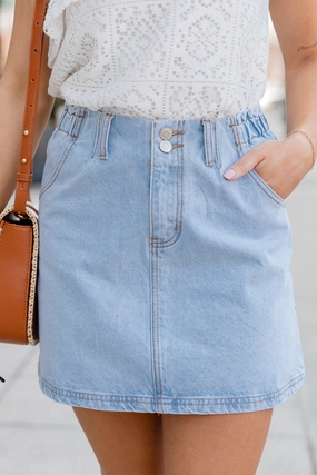 I've Been Thinking Light Wash Denim Paper Bag Waist Mini Skirt