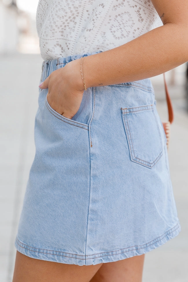 I've Been Thinking Light Wash Denim Paper Bag Waist Mini Skirt