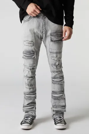 Jean cargo à taille empilée en denim d'aspect usé