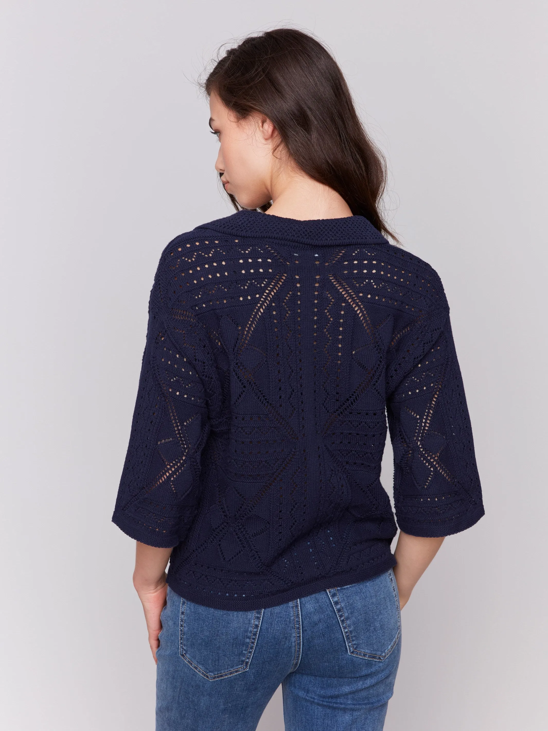 Johnny Collar Pointelle Sweater - Navy