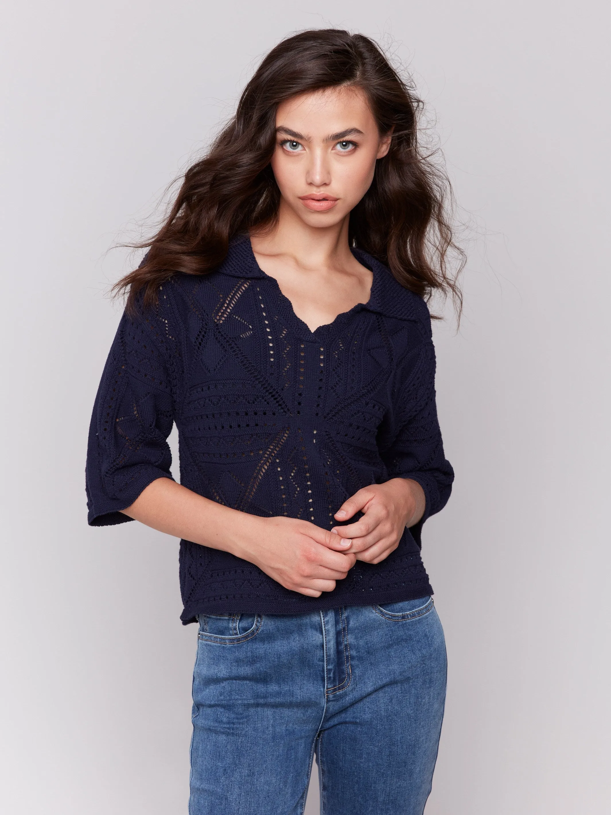 Johnny Collar Pointelle Sweater - Navy