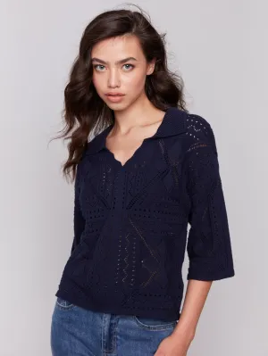 Johnny Collar Pointelle Sweater - Navy