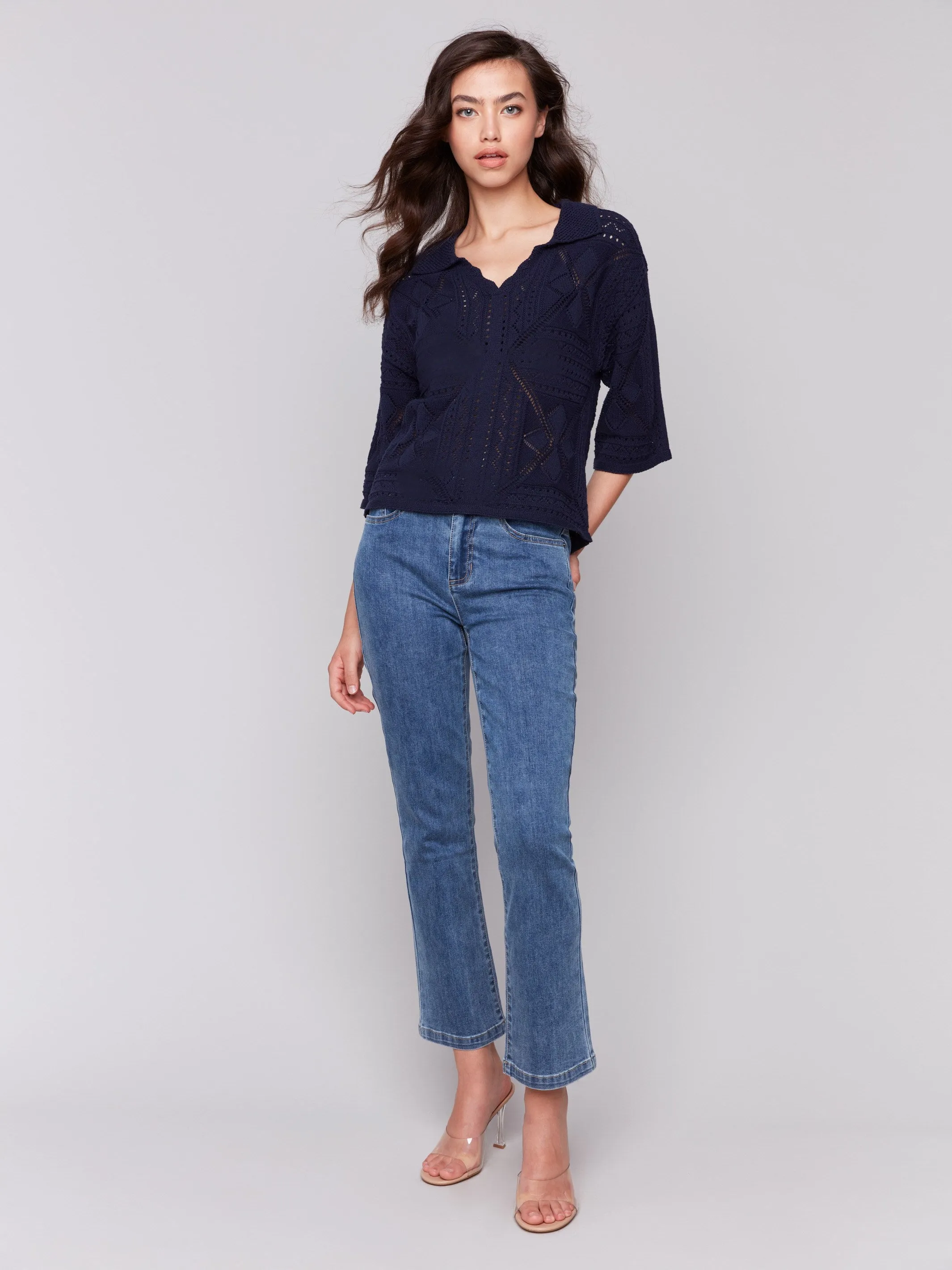 Johnny Collar Pointelle Sweater - Navy